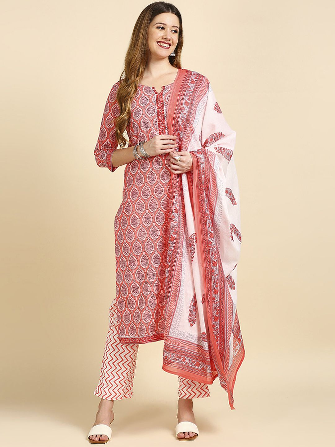 Anubhutee Women Pink & White Printed Kurta with Trousers & Dupatta Price in India