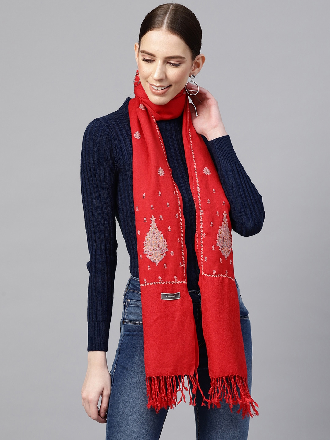 Cayman Women Red & Grey Embroidered Shawl Price in India