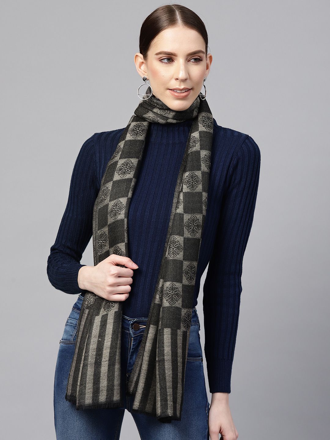Cayman Women Charcoal Grey & Black Checked Stole Price in India