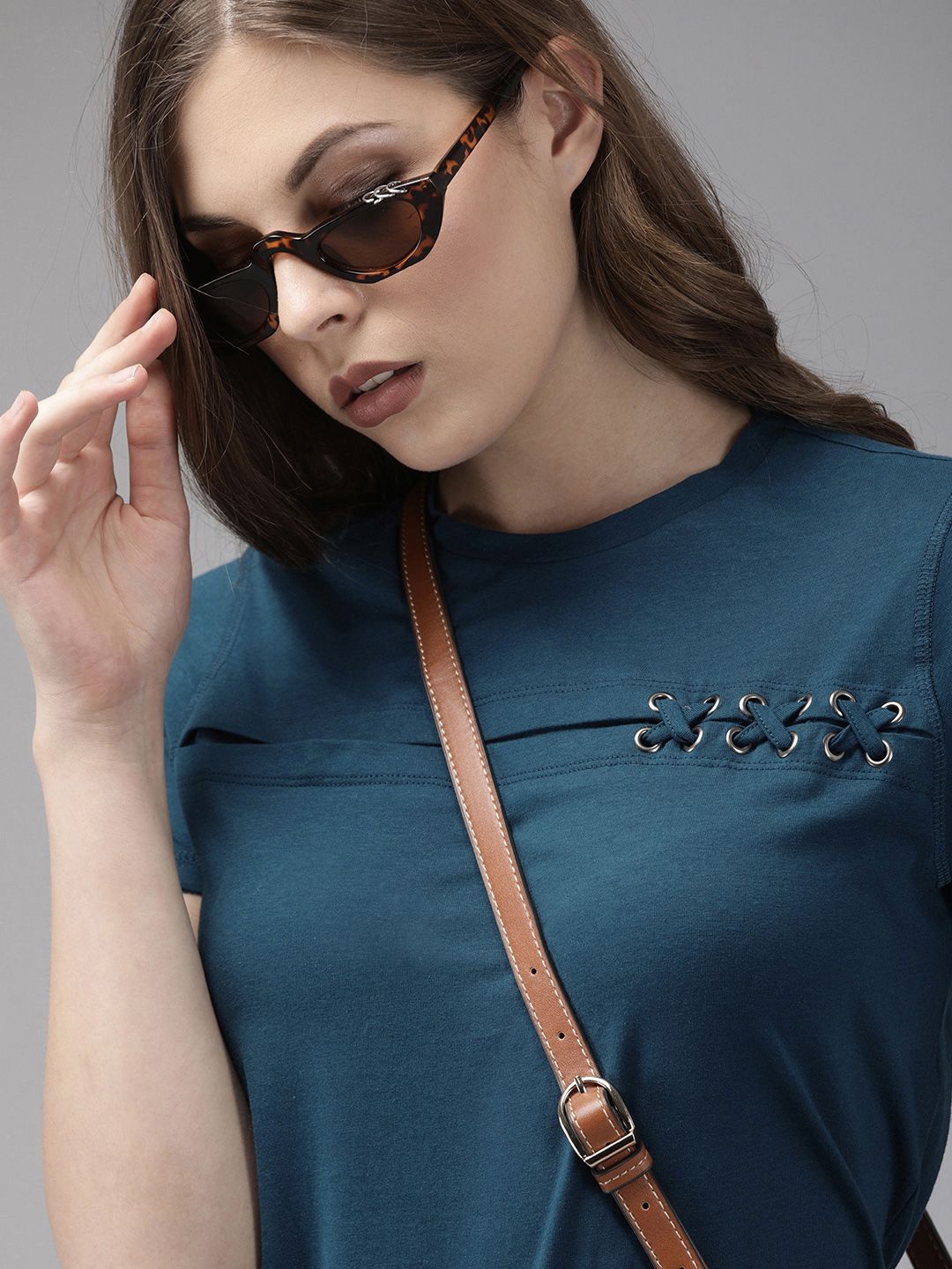 Roadster Women Teal Blue Solid Round Neck Pure Cotton T-shirt with Lace Detailing Price in India