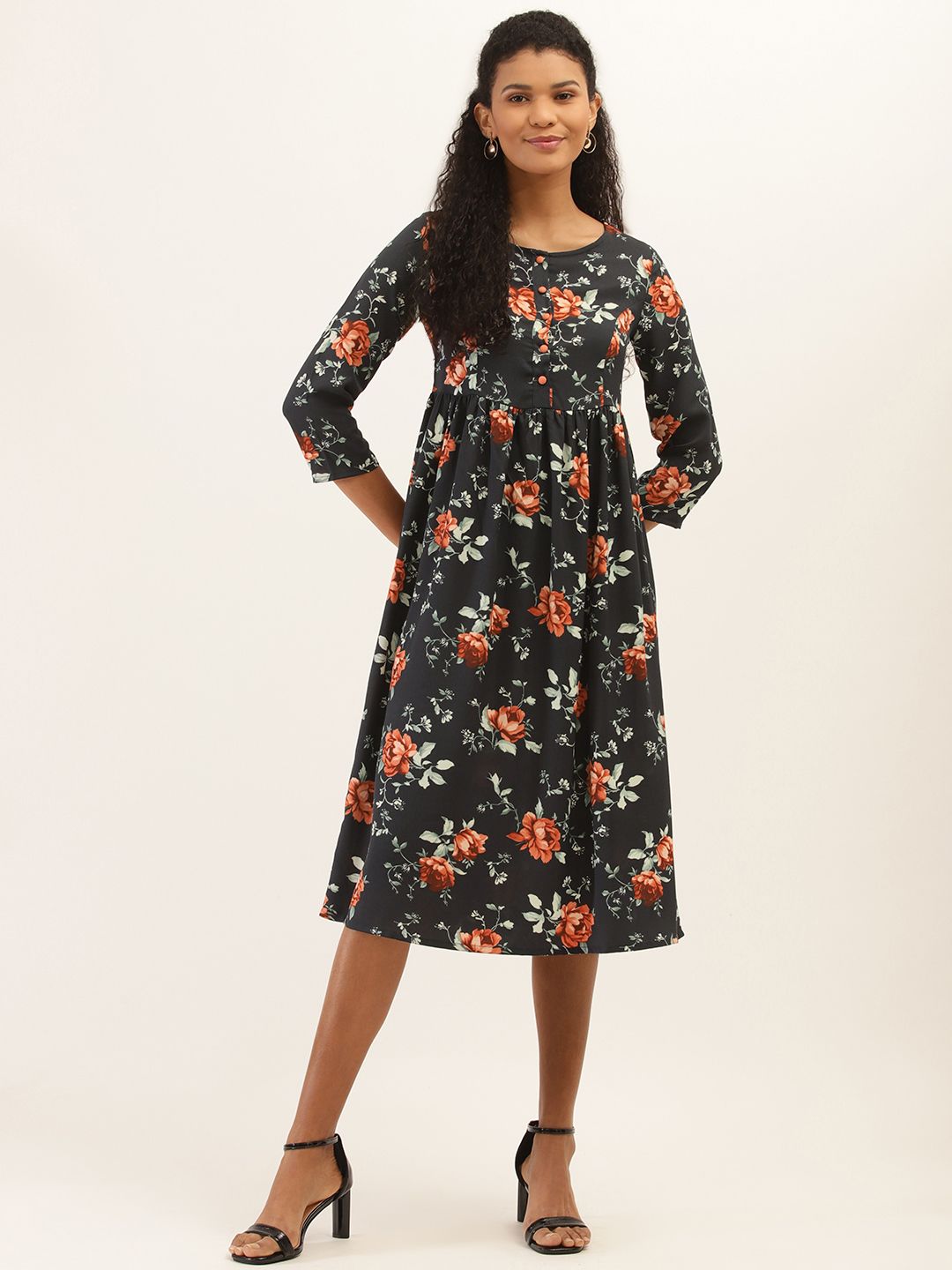 PIRKO Women Navy Blue & Rust Orange Floral Print A-Line Dress