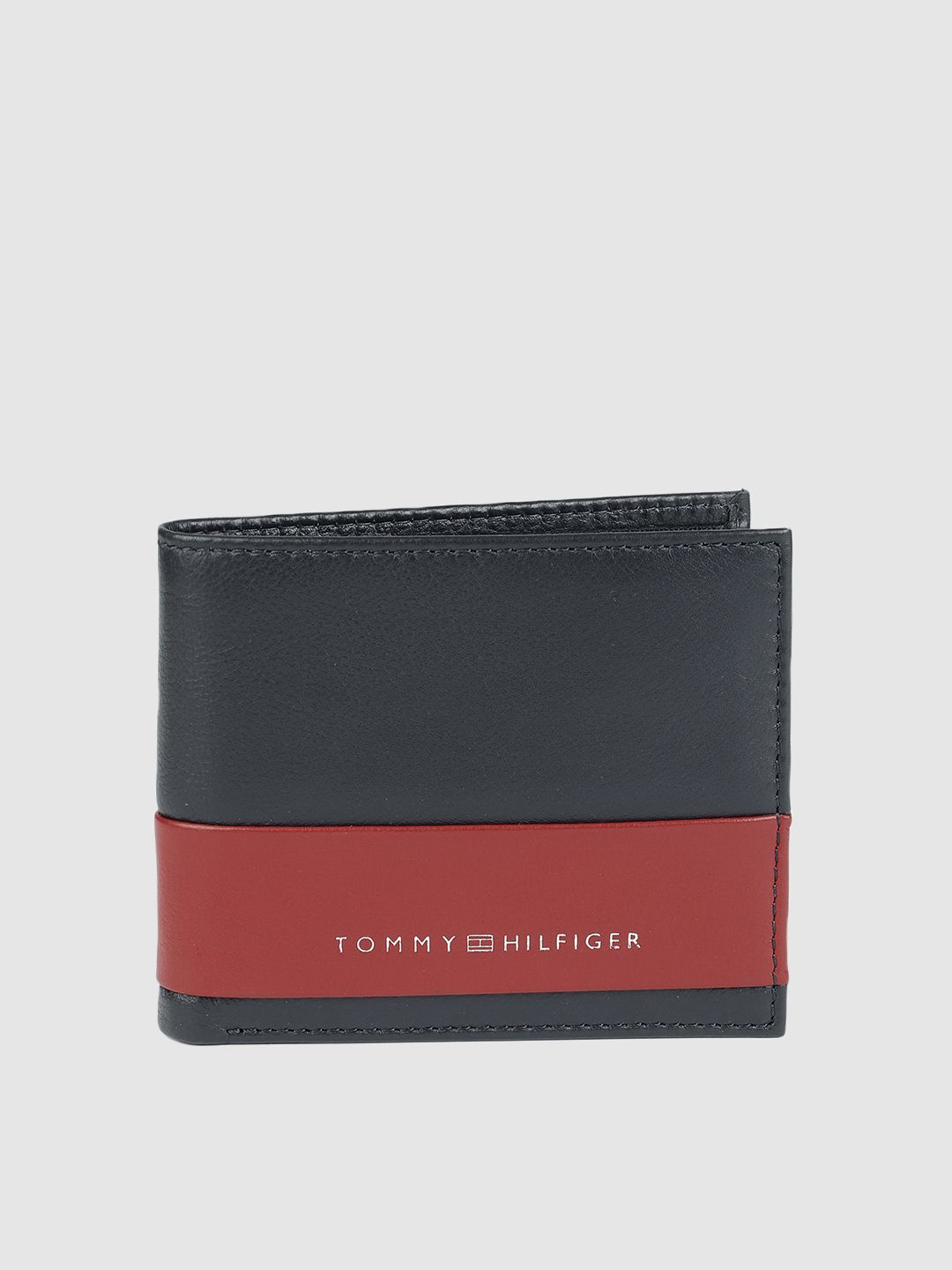 Tommy Hilfiger Tommy Hilfiger Men Navy Blue & Red Colourblocked Leather Two Fold Wallet