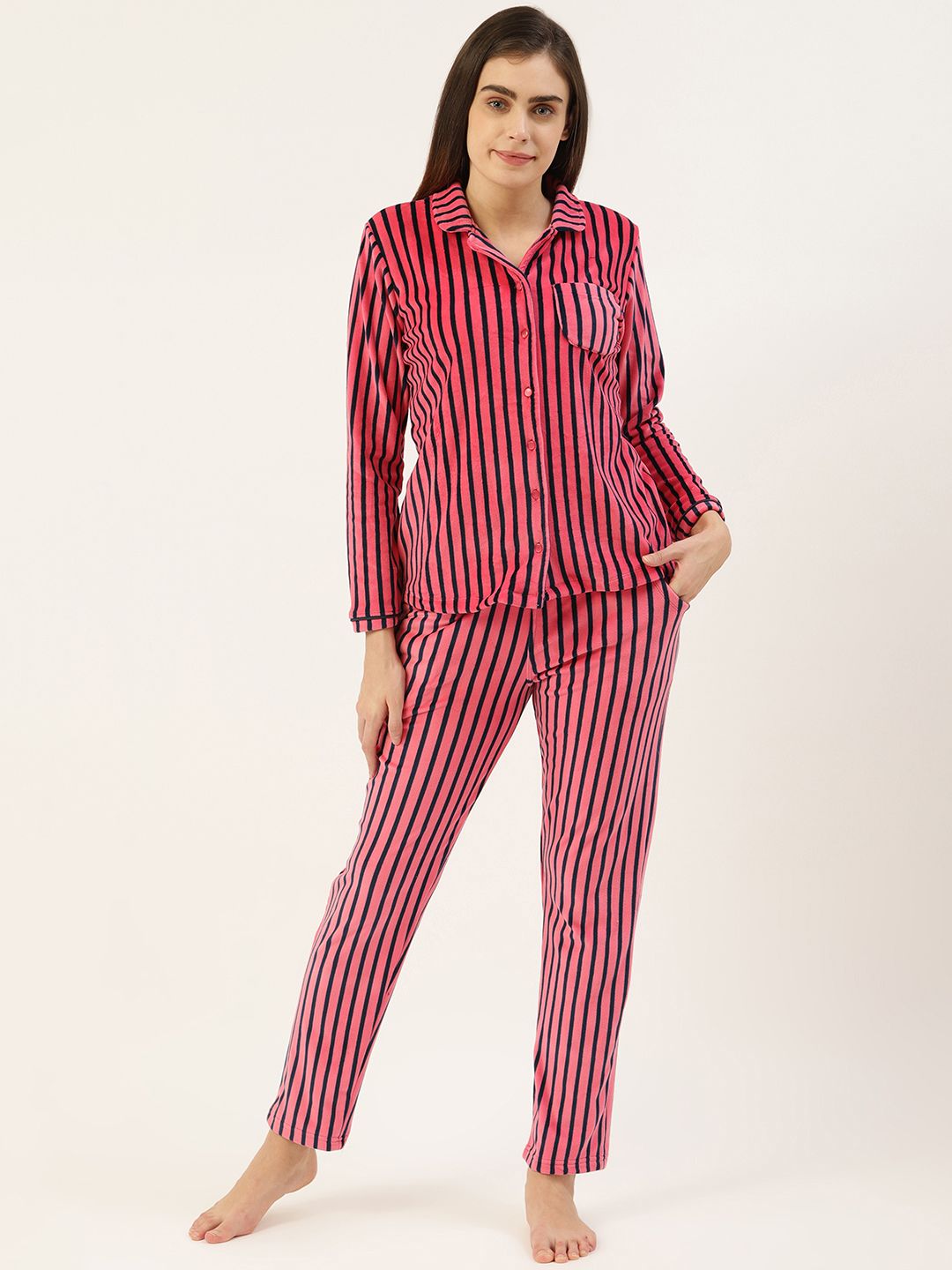 Sweet Dreams Women Pink & Navy Blue Striped Nightsuit Price in India