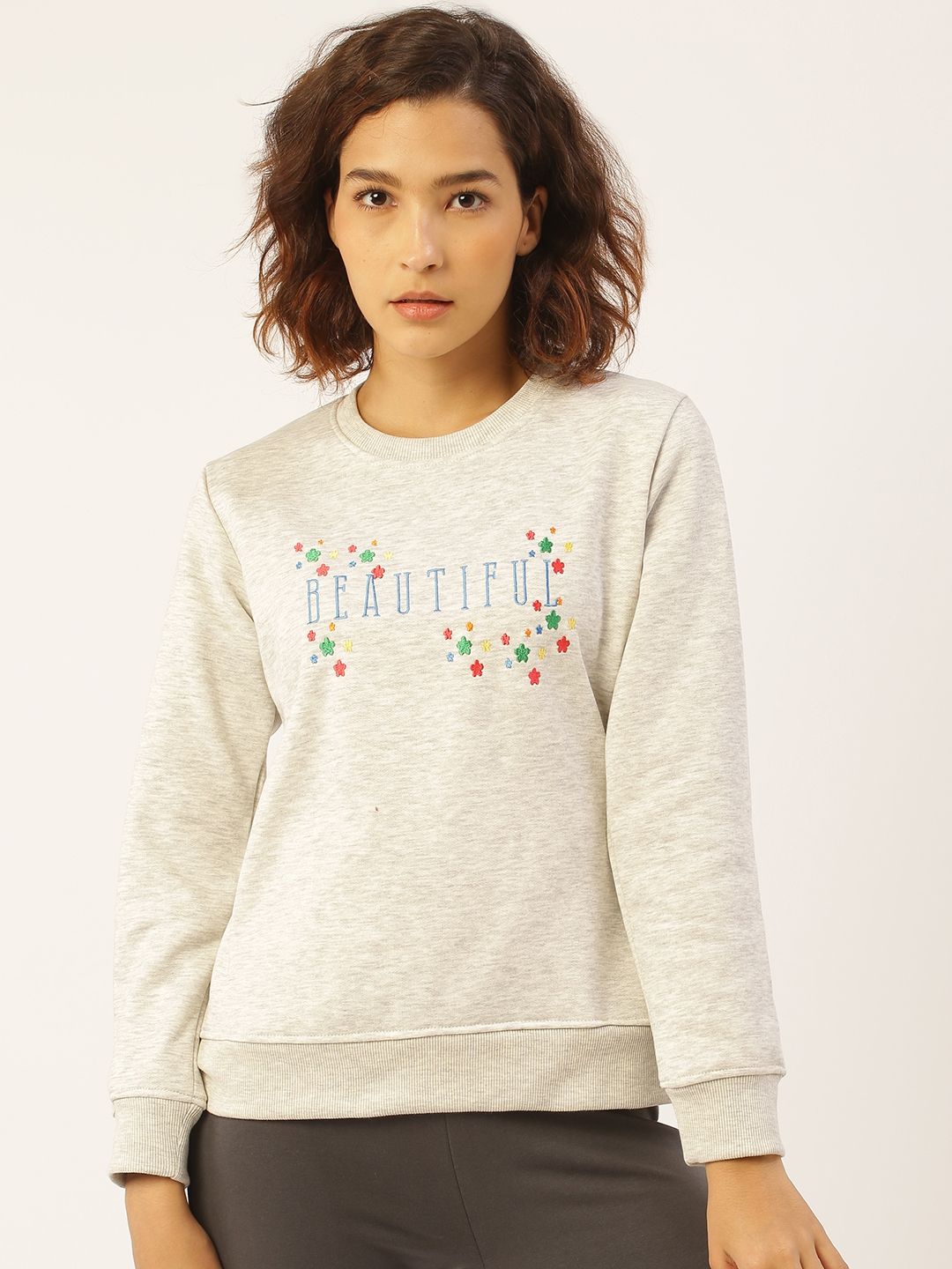 Sweet Dreams Women Grey Melange Embroidered Sweatshirt Price in India