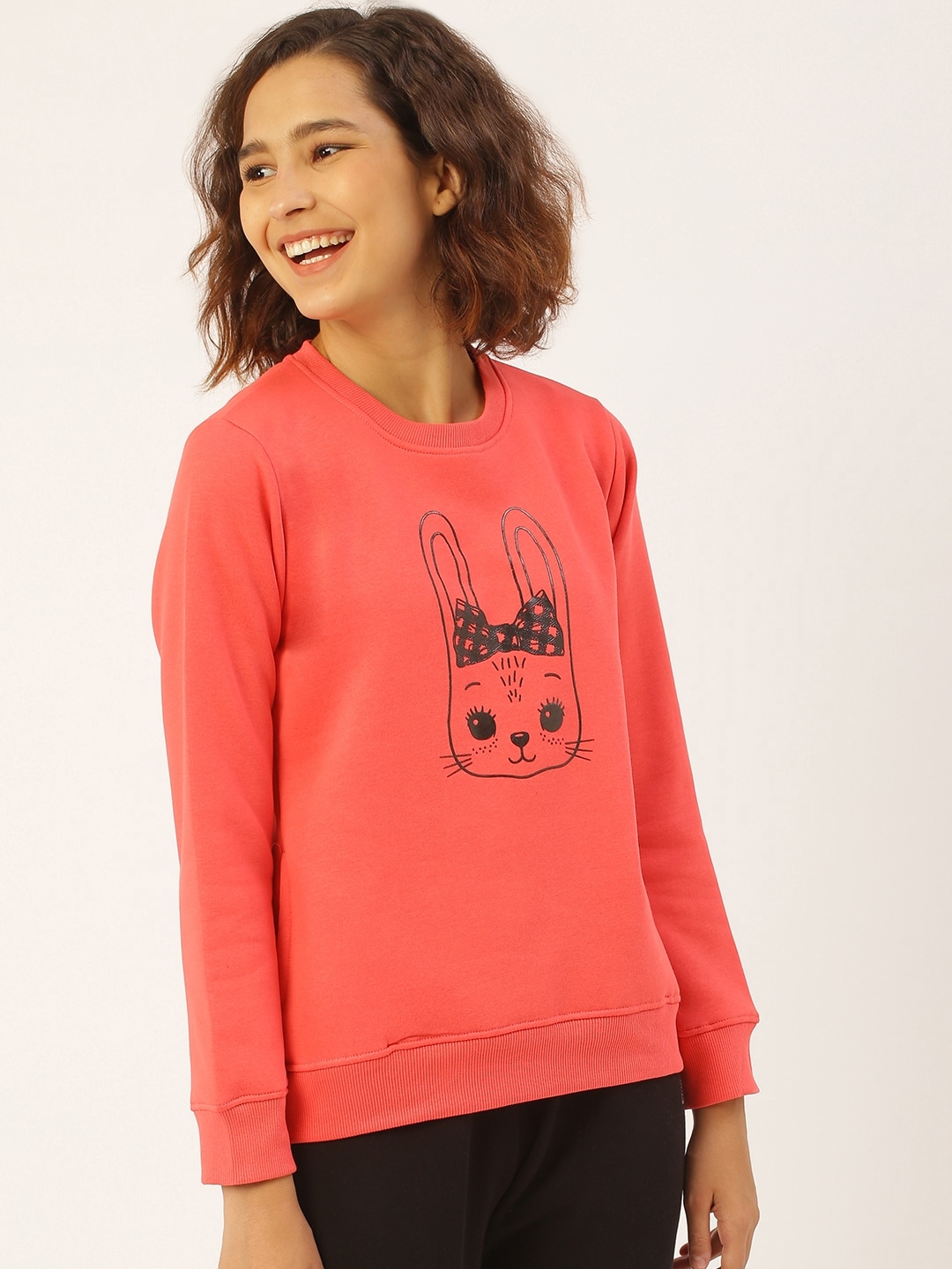 Sweet Dreams Women Coral Pink & Black Kitty Embossed Print Sweatshirt Price in India