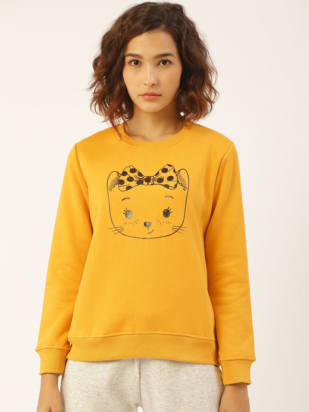 Sweet Dreams Women Mustard & Black Kitty Print Sweatshirt Price in India