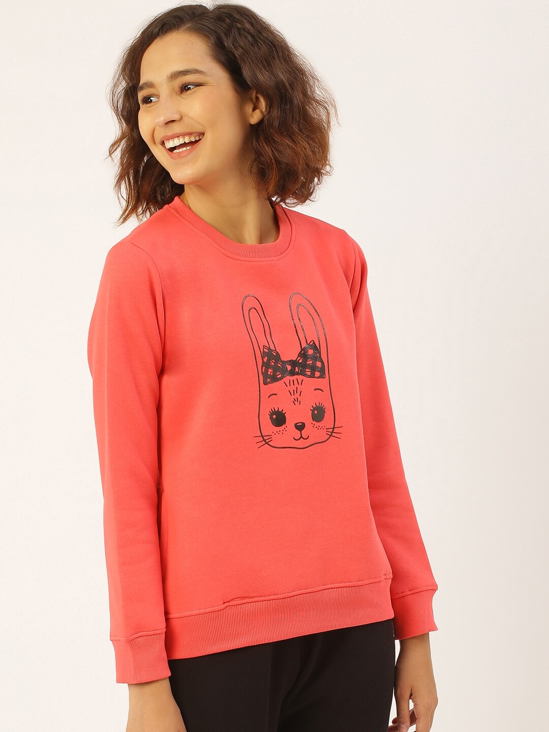 Sweet Dreams Women Coral Pink & Black Kitty Embossed Print Sweatshirt Price in India