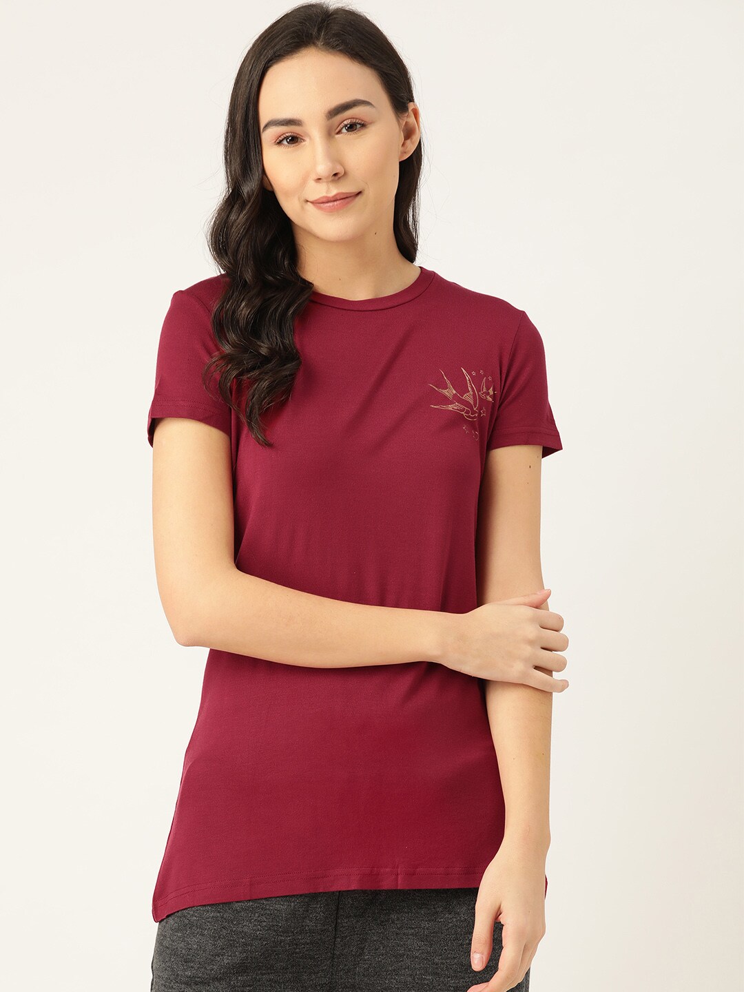 Sweet Dreams Women Maroon Solid Round Neck Athleisure T-shirt Price in India