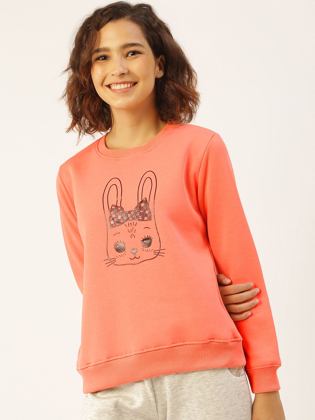 Sweet Dreams Women Peach-Coloured & Black Printed Sweatshirt Price in India