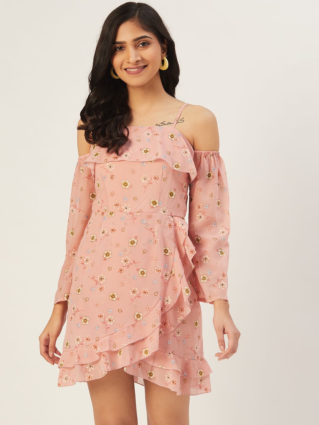 DODO & MOA Women Peach-Coloured & Green Printed A-Line Dress