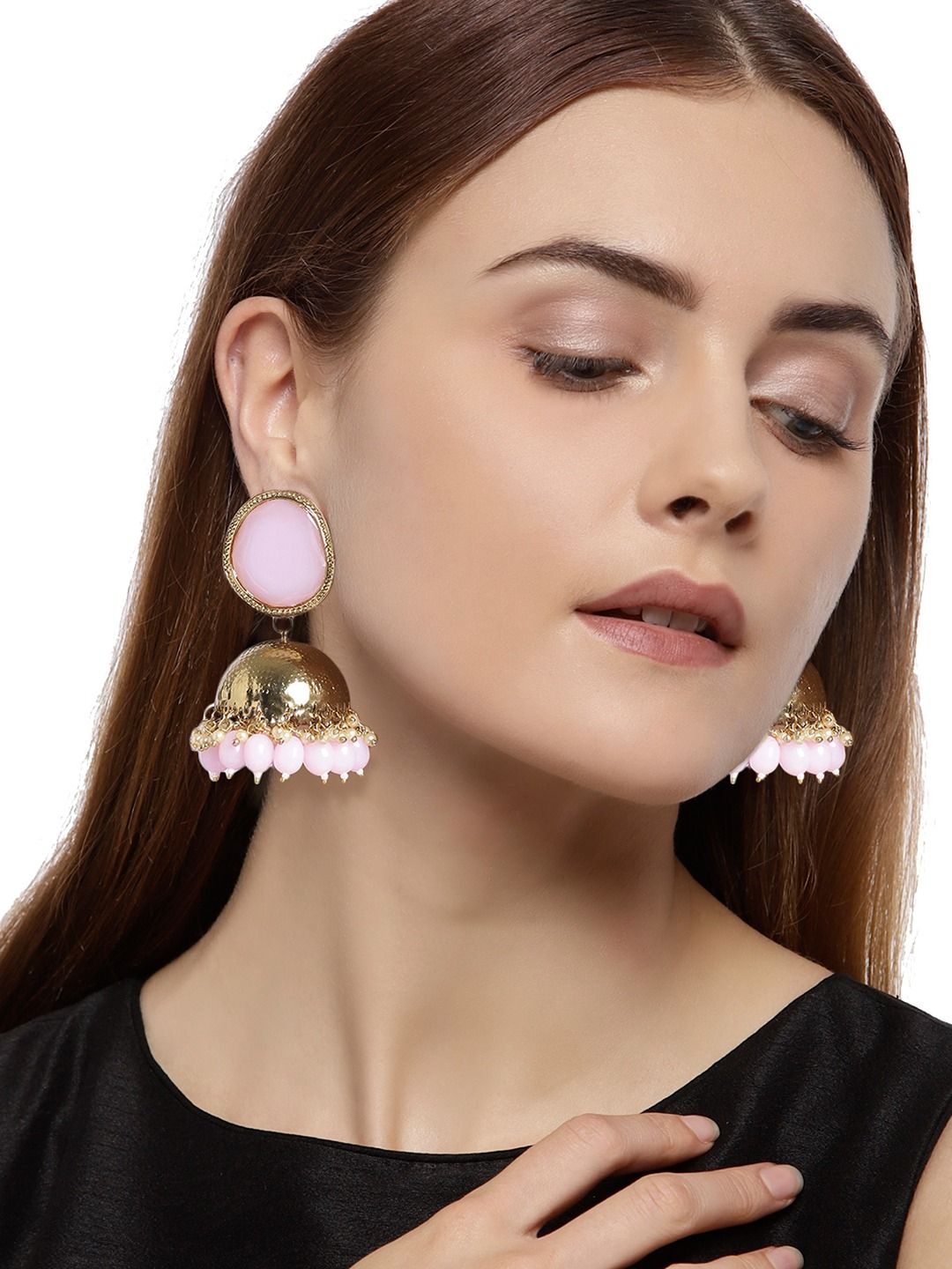 Zaveri Pearls Gold-Plated & Pink Studded Dome Shaped Jhumkas Price in India