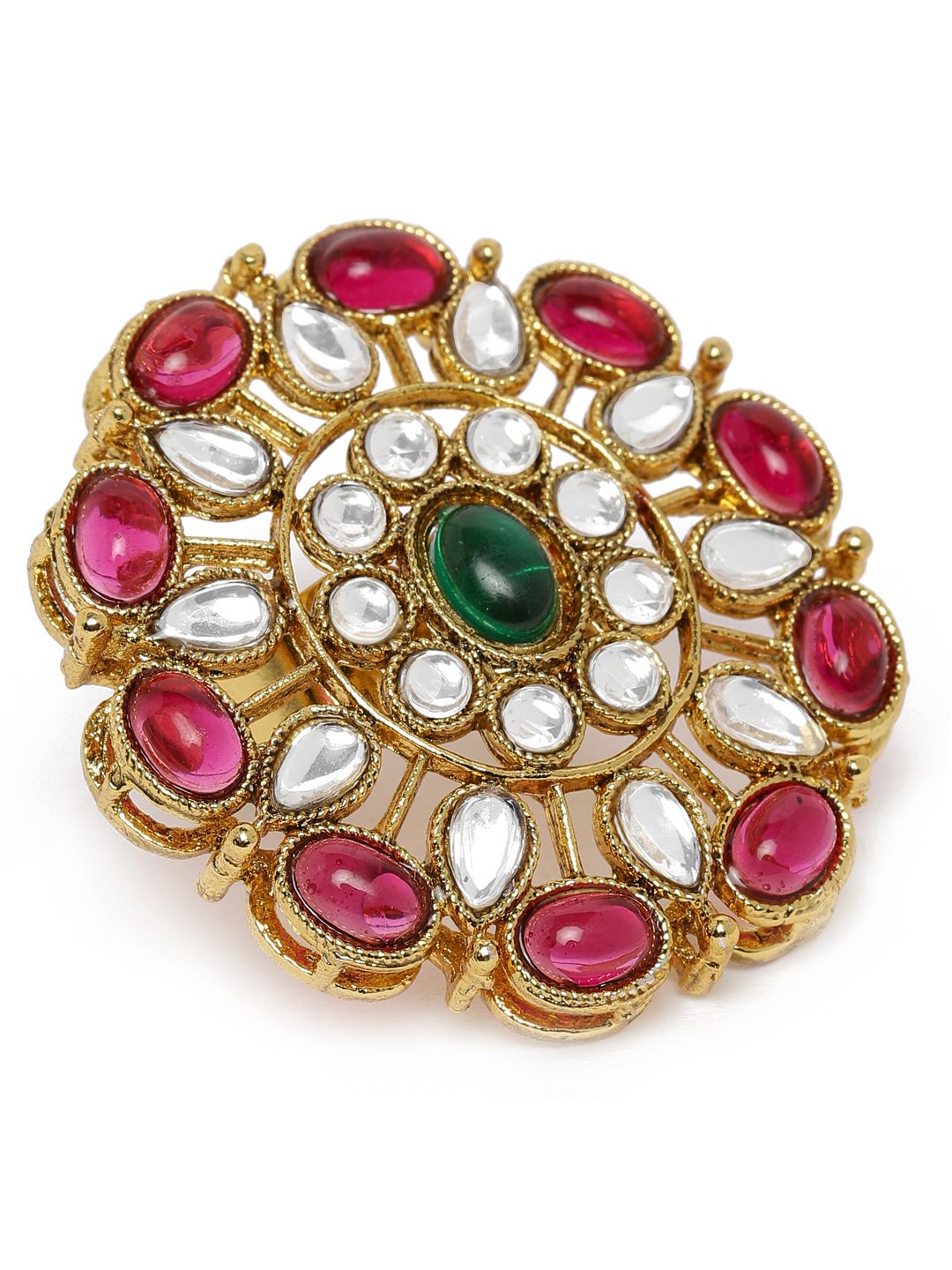 Zaveri Pearls Pink & Green Gold-Plated Adjustable Finger Ring Price in India
