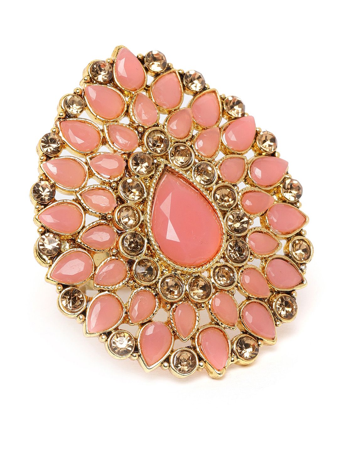 Zaveri Pearls Peach-Coloured Gold-Plated Stone-Studded Adjustable Finger Ring Price in India