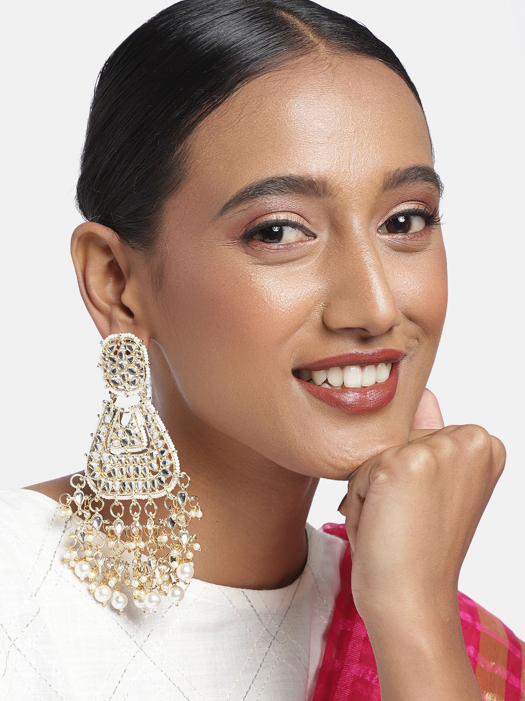 Zaveri Pearls Gold-Plated Kundan & Pearl Classic Drop Earrings Price in India