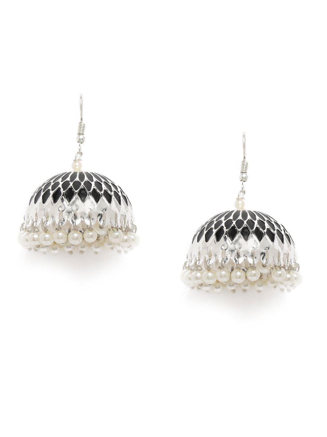 Zaveri Pearls Black Silver-Plated Enamelled Dome Shaped Jhumkas Price in India