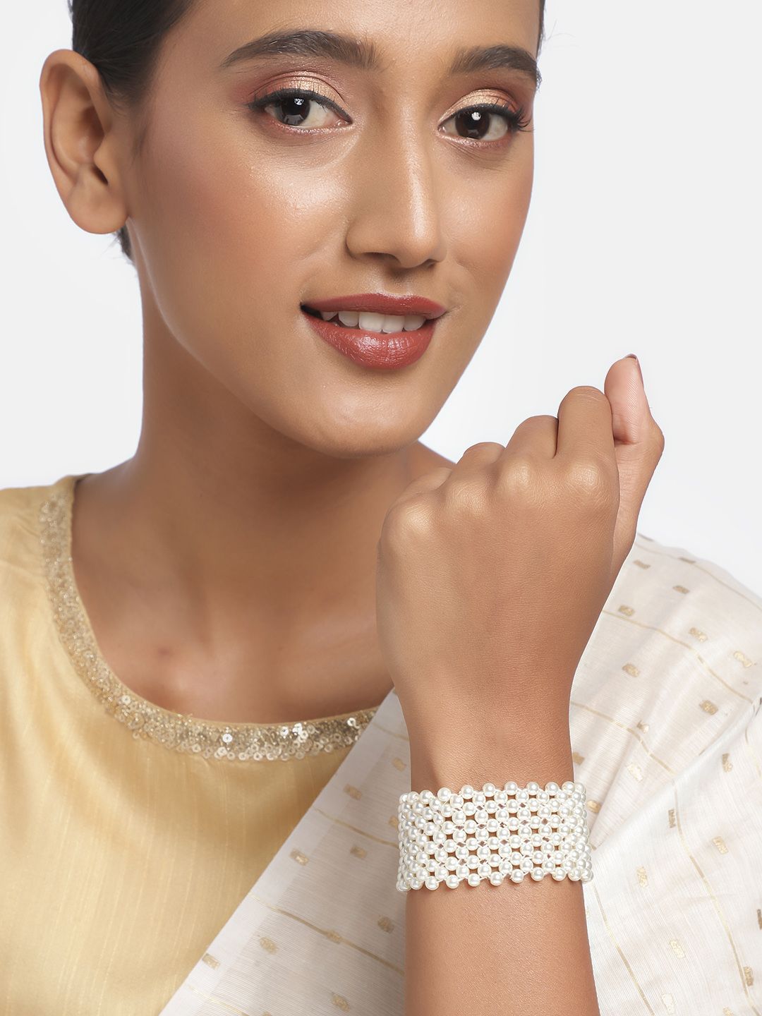 Zaveri Pearls Gold-Toned & White Pearl Studded Bracelet Price in India
