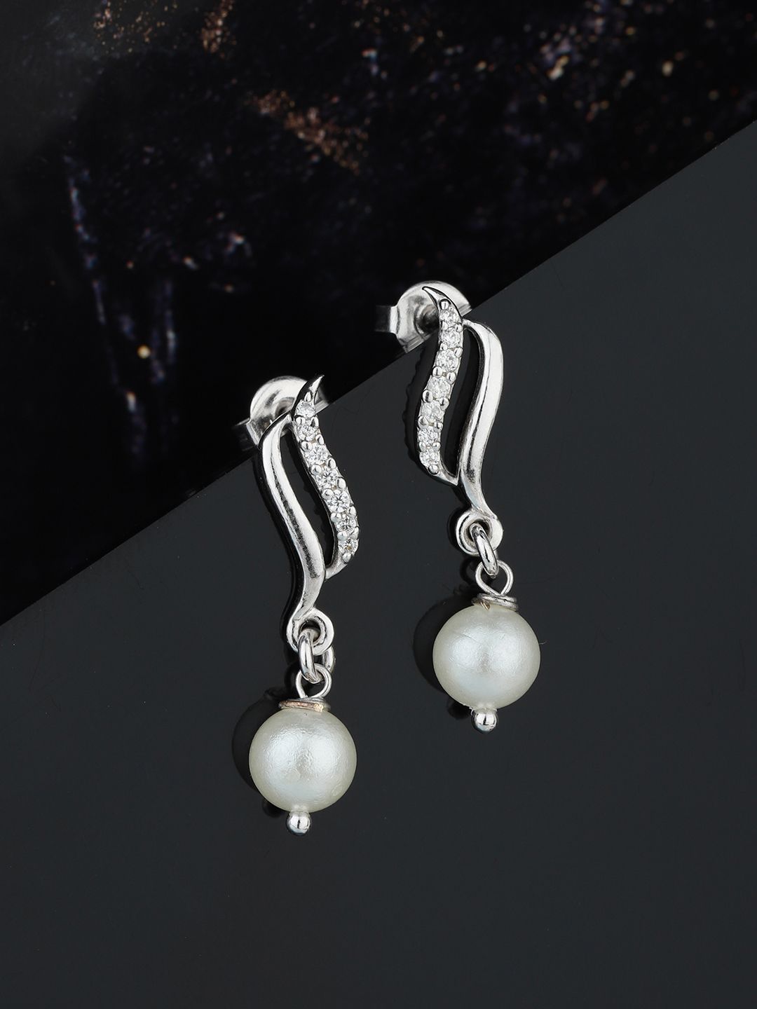 Carlton London Silver-Toned & White Rhodium-Plated Stone-Studded Beaded Drop Earrings Price in India