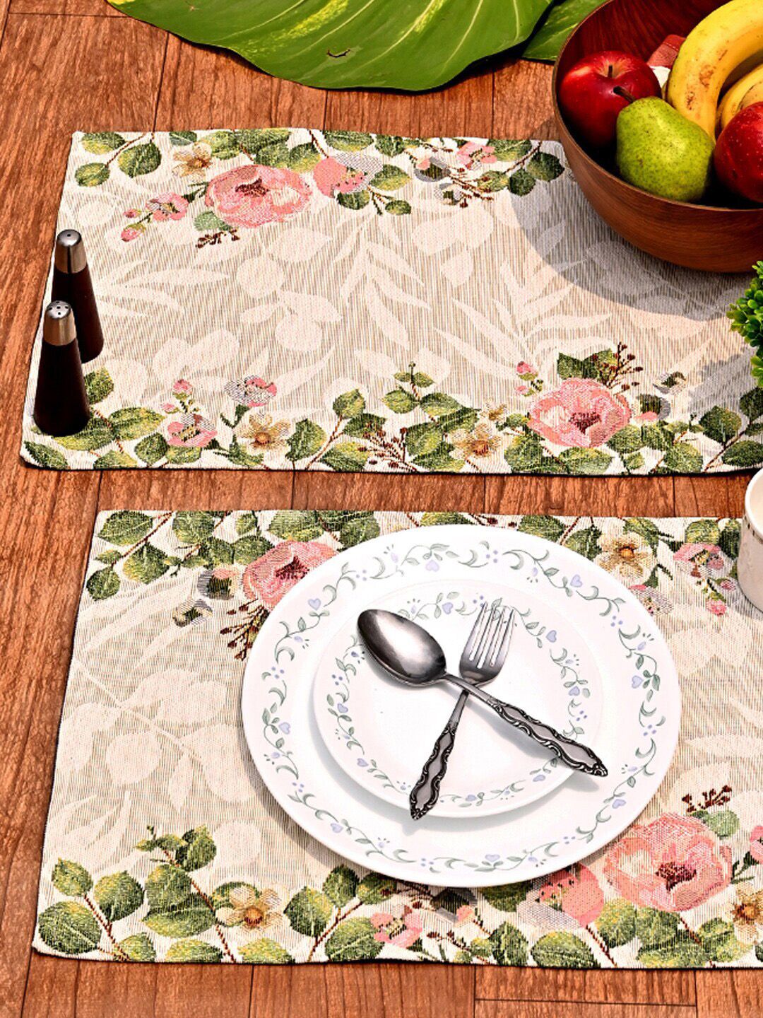 AVI Living Set of 4 Pink & Green Floral Delight Jaquard Woven Table Mats Price in India