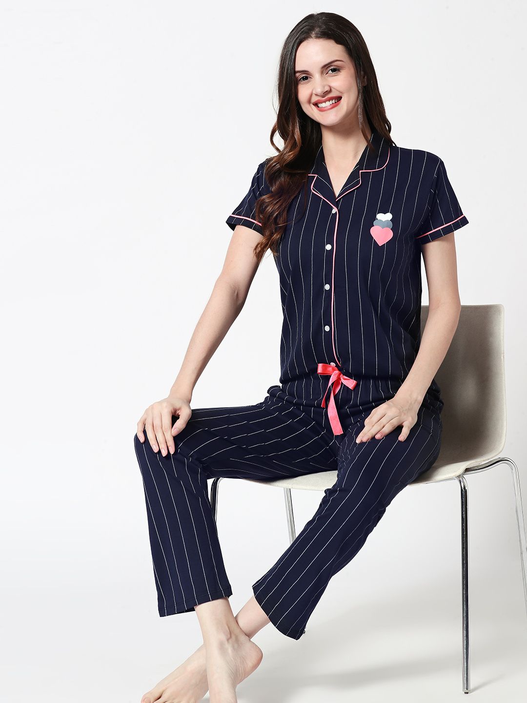 Zeyo Women Navy Blue & White Striped Night suit Price in India