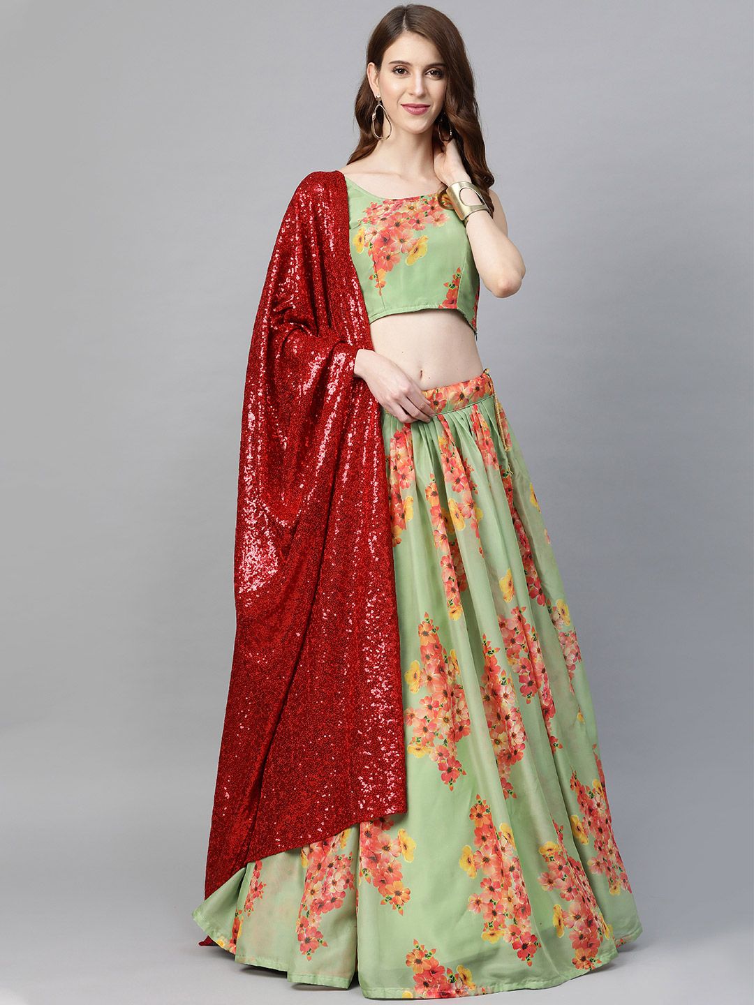 SHOPGARB Green & Pink Printed Semi-Stitched Lehenga & Unstitched Blouse with Dupatta Price in India