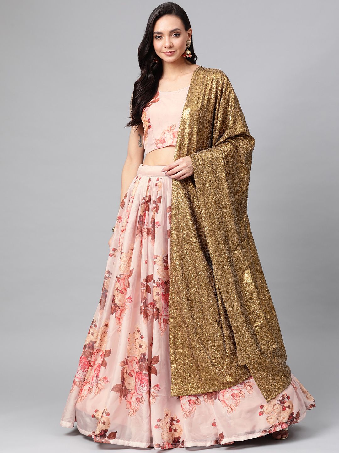 SHOPGARB Peach-Coloured Printed Semi-Stitched Lehenga & Unstitched Blouse with Dupatta Price in India