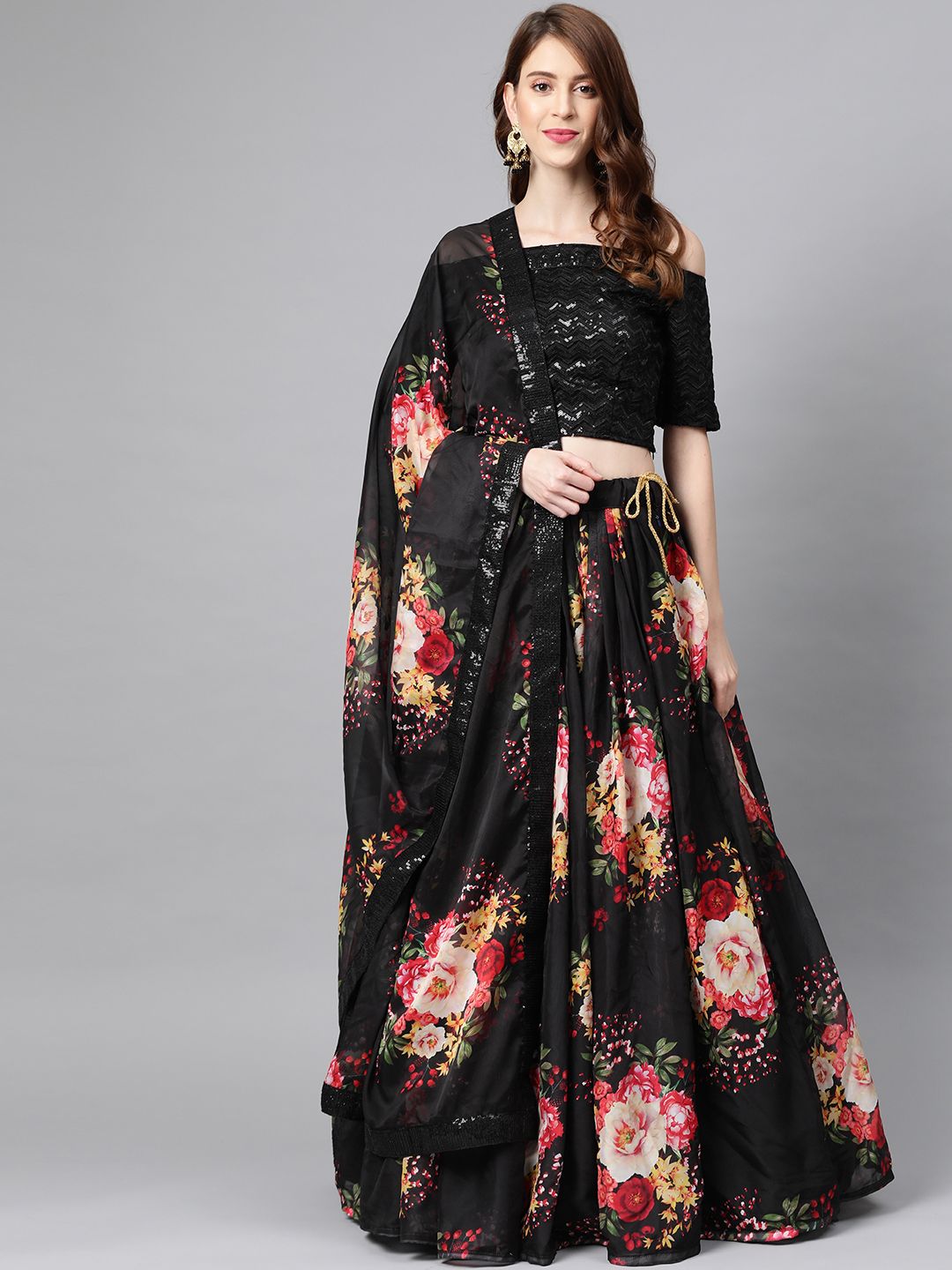 SHOPGARB Black & Pink Embellished Unstitched Lehenga & Blouse with Dupatta Price in India