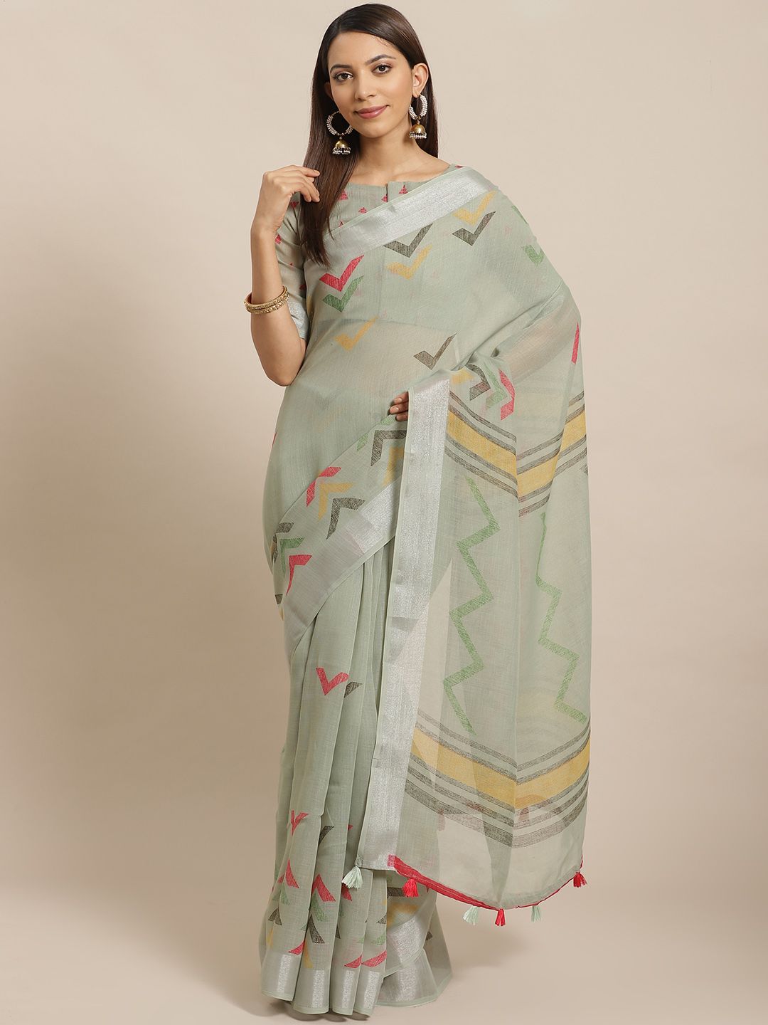 Saree mall Olive Green & Yellow Printed Saree