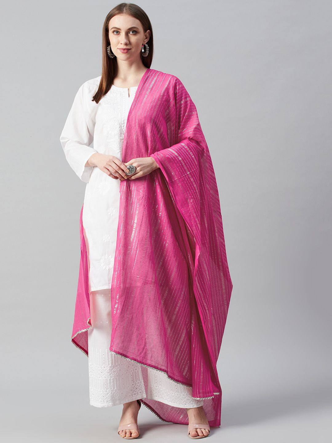 anayna Pink & Silver Self-Striped Cotton Dupatta Price in India