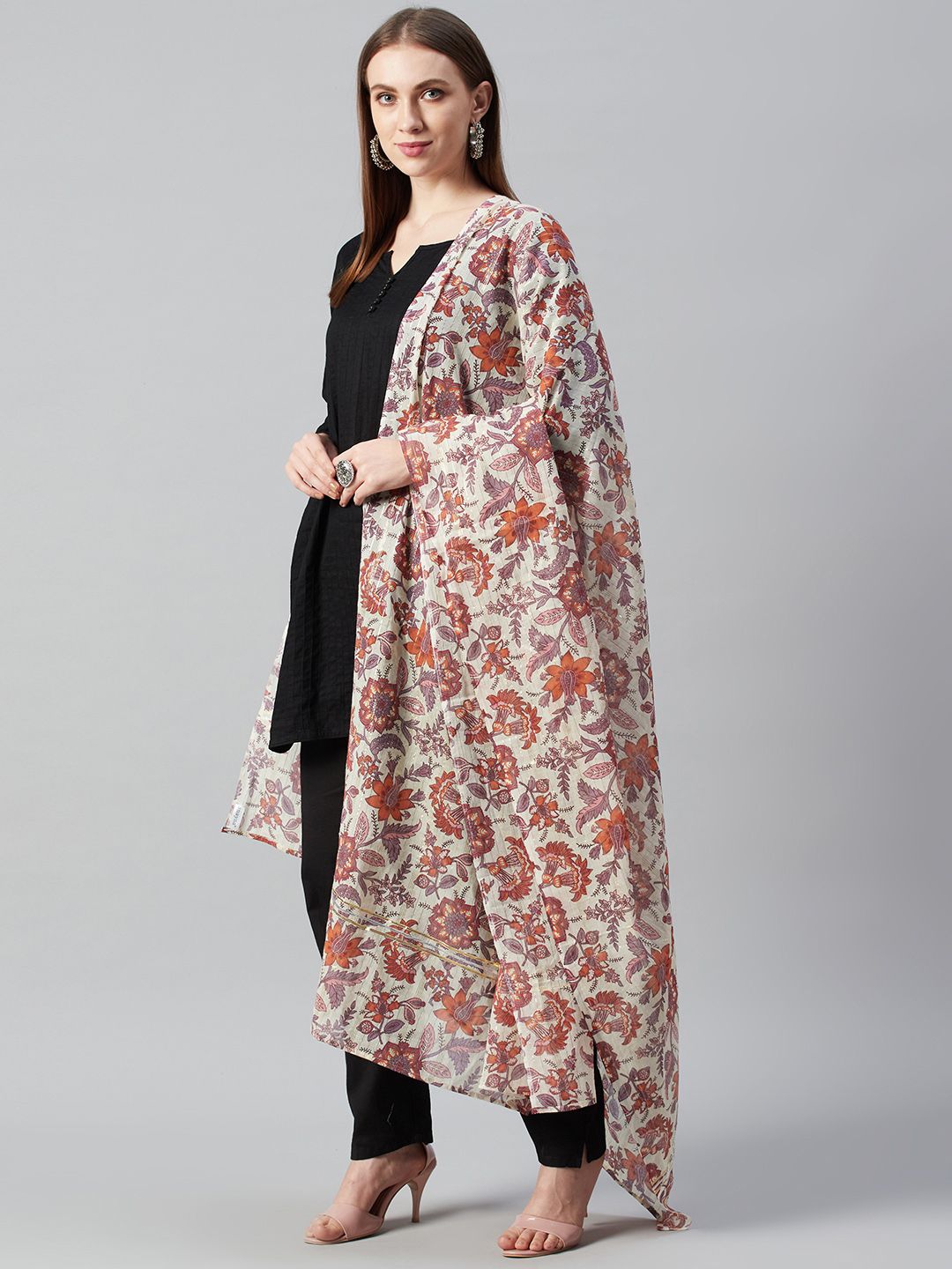 anayna Beige & Pink Printed Cotton Dupatta Price in India