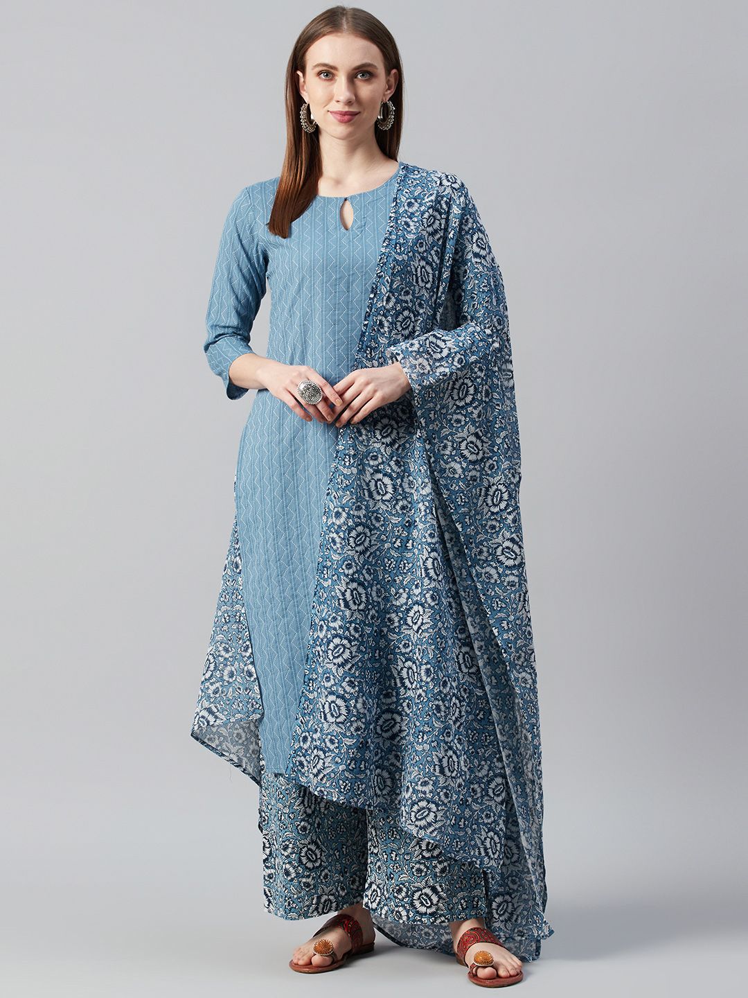 anayna Women Blue & White Self Striped Kantha Work Kurta with Trousers & Dupatta Price in India