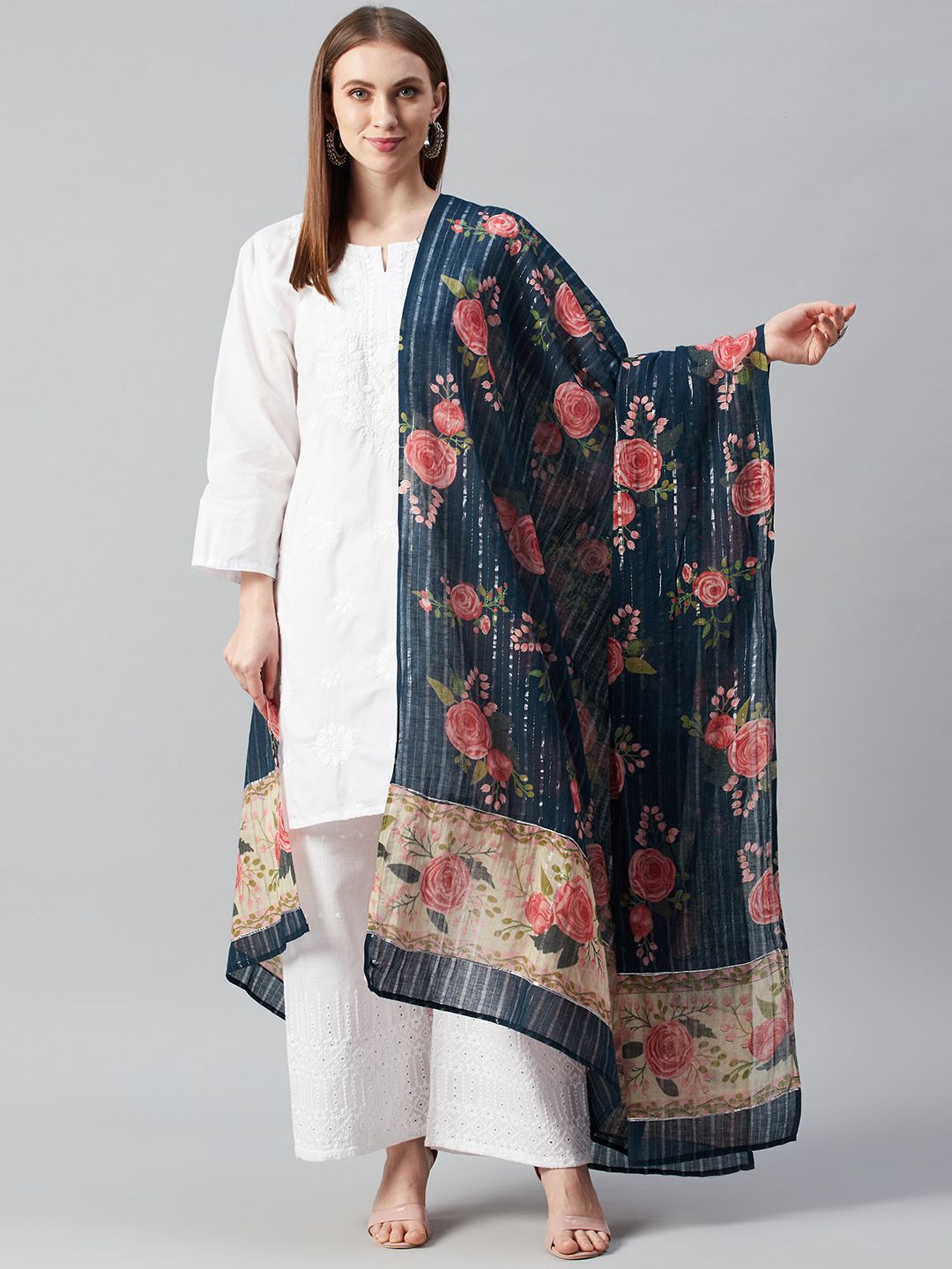 anayna Navy Blue & Pink Floral Print Cotton Dupatta Price in India