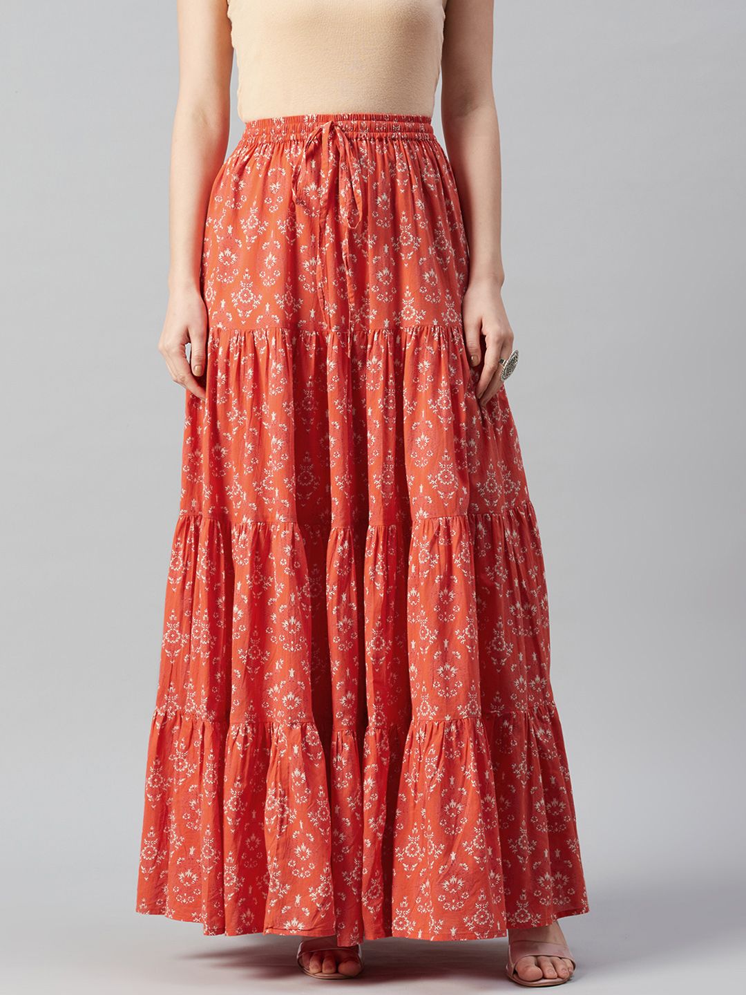 anayna Women Orange & Off-White Floral Print Flared Tiered Maxi Pure Cotton Skirt Price in India