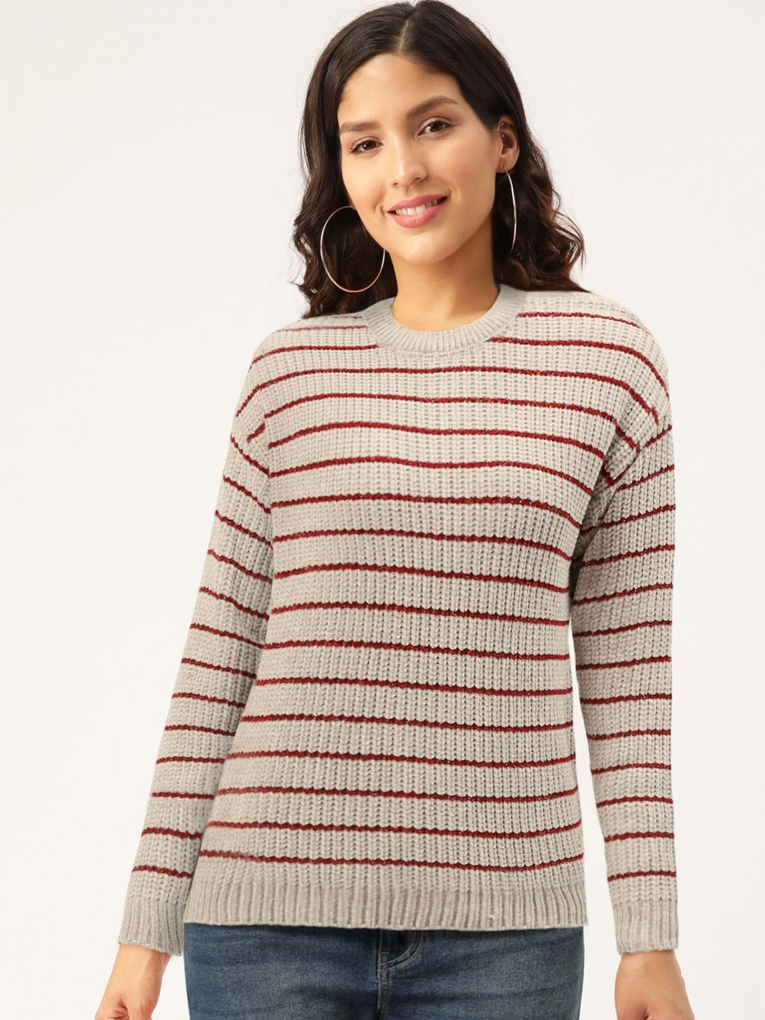 Duke Women Grey & Maroon Striped Pullover Sweater Price in India