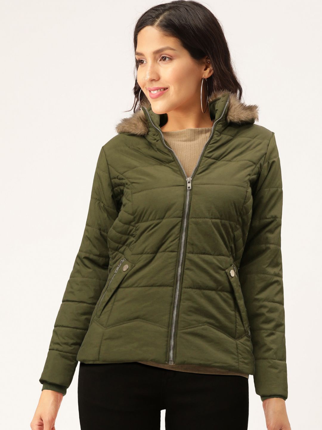 Duke Women Olive Green Solid Padded Jacket Price in India