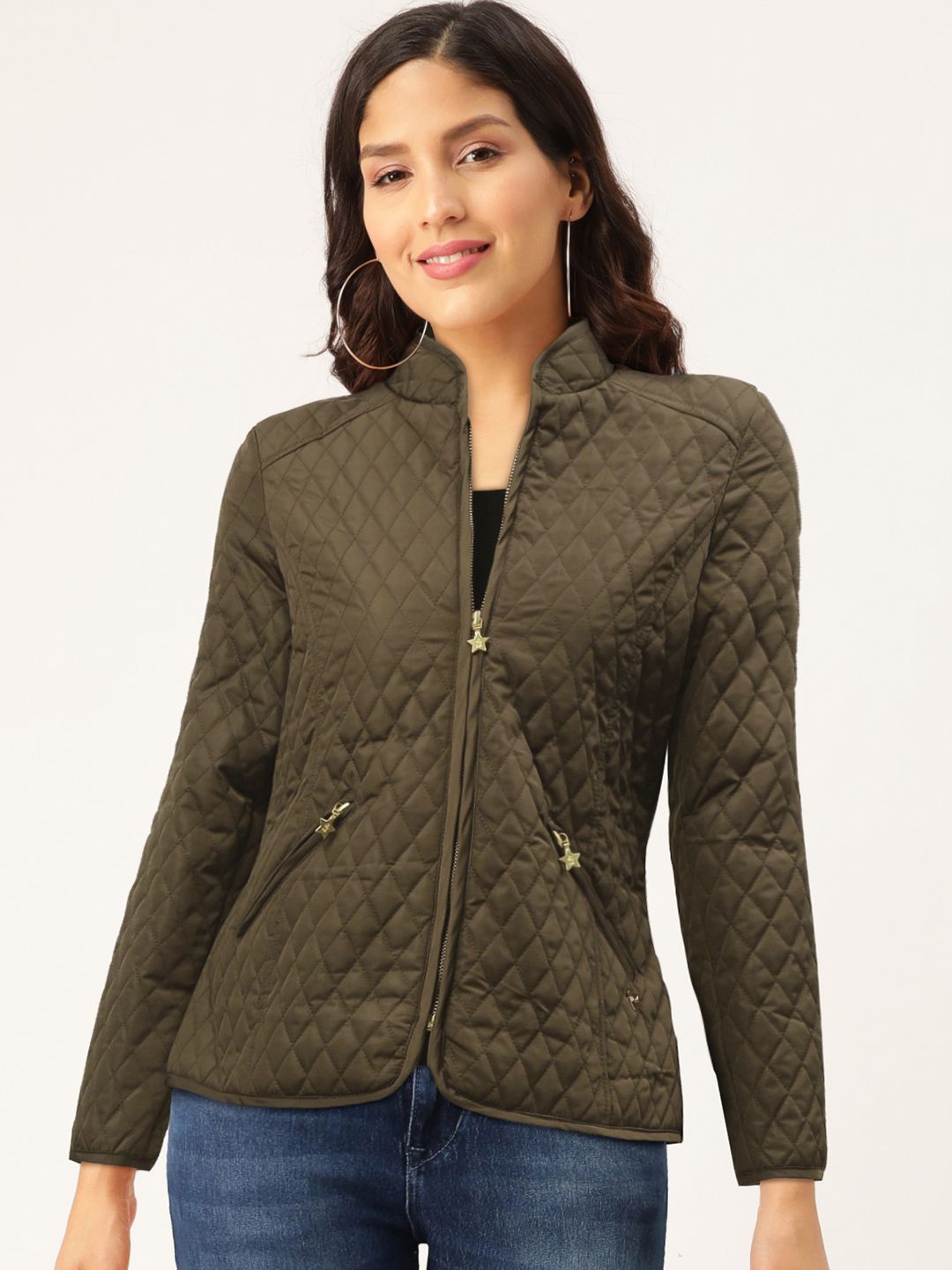 Duke Women Olive Green Solid Quilted Jacket Price in India