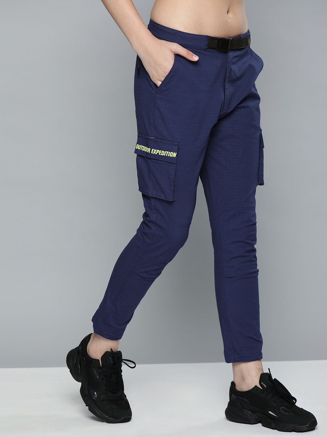 HRX by Hrithik Roshan Women Navy Blue Regular Fit Self-Checked Cropped Regular Trousers Price in India