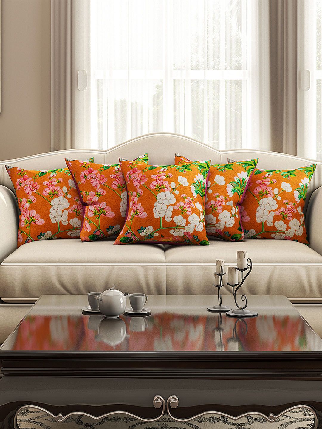 SEJ by Nisha Gupta Orange Set of 5 16" x 16" Square Cushion Covers Price in India