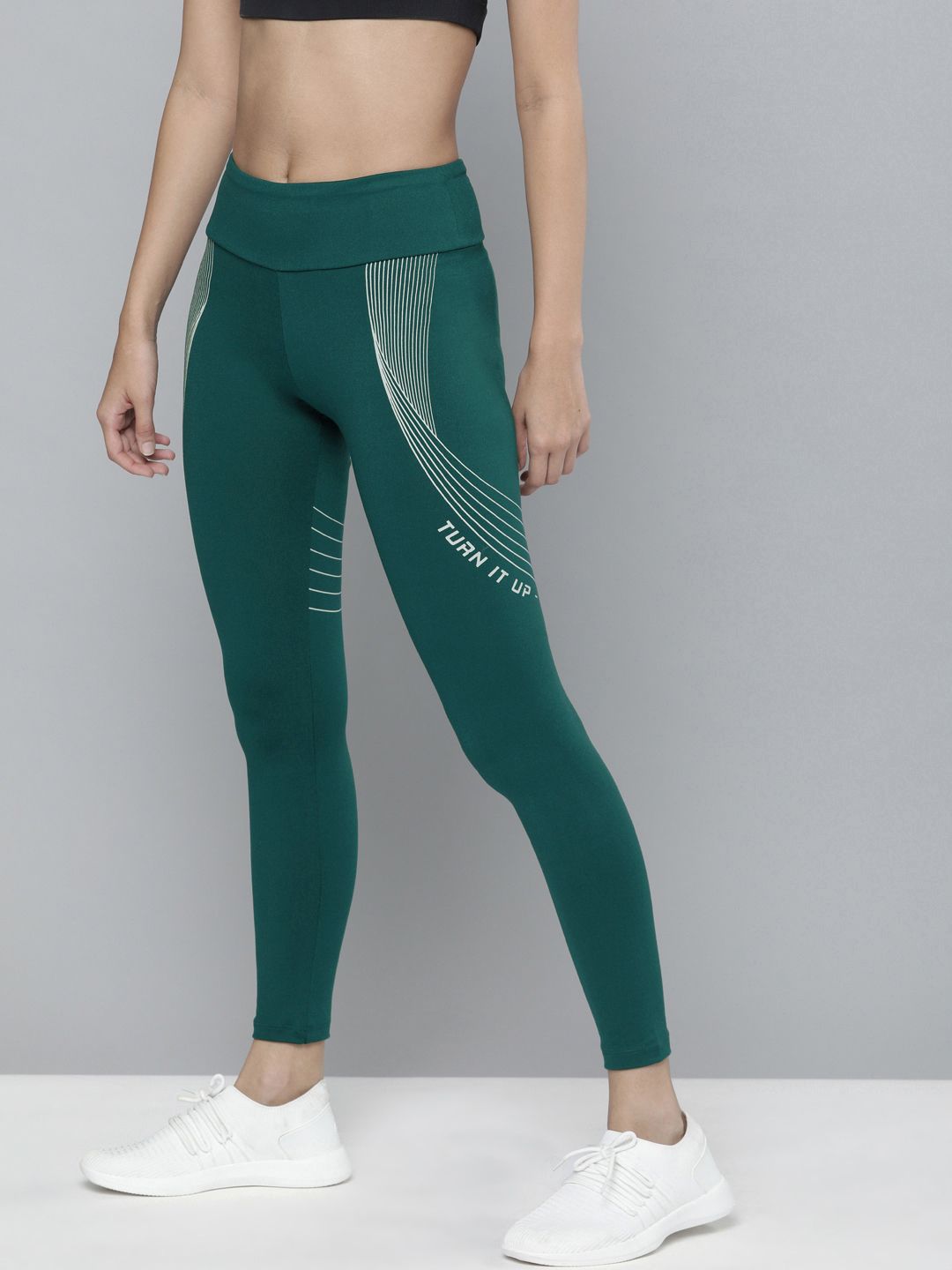 HRX by Hrithik Roshan Women Teal Green Printed Running Tights Price in India