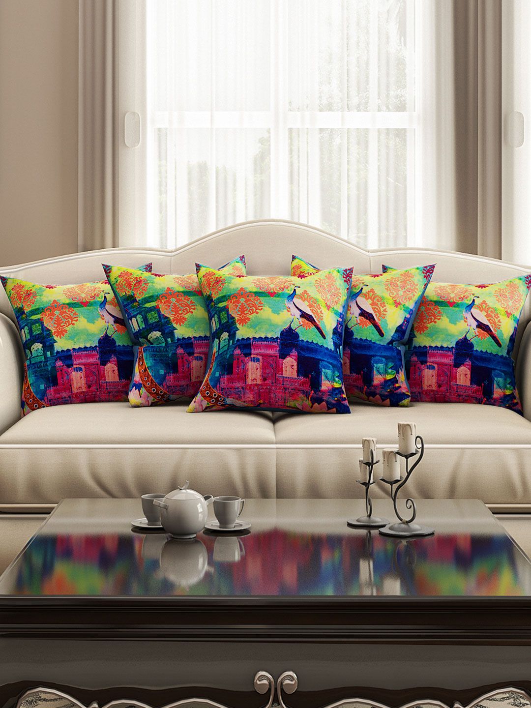 SEJ by Nisha Gupta Multicoloured Set of 5 16'' x 16'' Square Cushion Covers Price in India