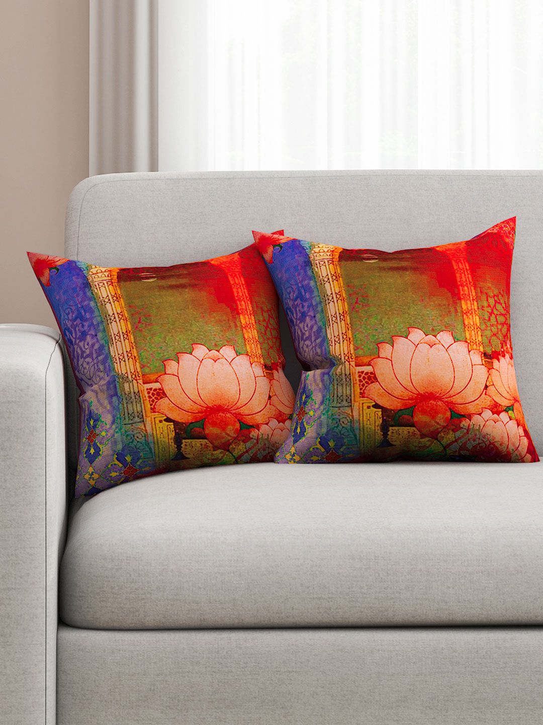 SEJ by Nisha Gupta Multicoloured Set of 2 16'' x 16'' Square Cushion Covers Price in India