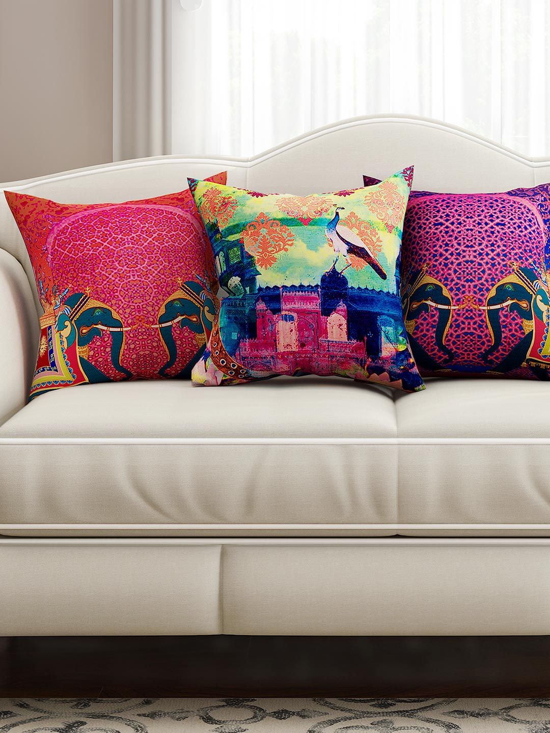 SEJ by Nisha Gupta Multicoloured Set of 3 16" x 16" Square Cushion Covers Price in India