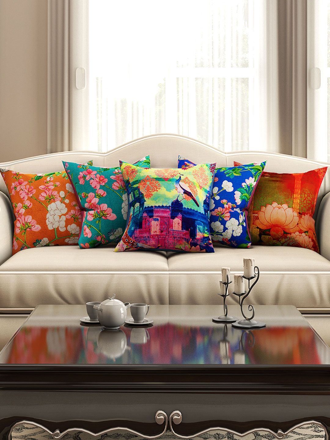 SEJ by Nisha Gupta Multicoloured Set of 5 16'' x 16'' Square Cushion Covers Price in India