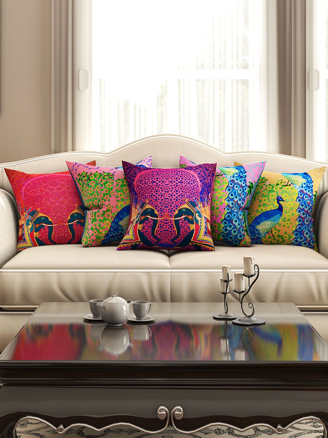 SEJ by Nisha Gupta Multicoloured Set of 5 16'' x 16'' Square Cushion Covers Price in India