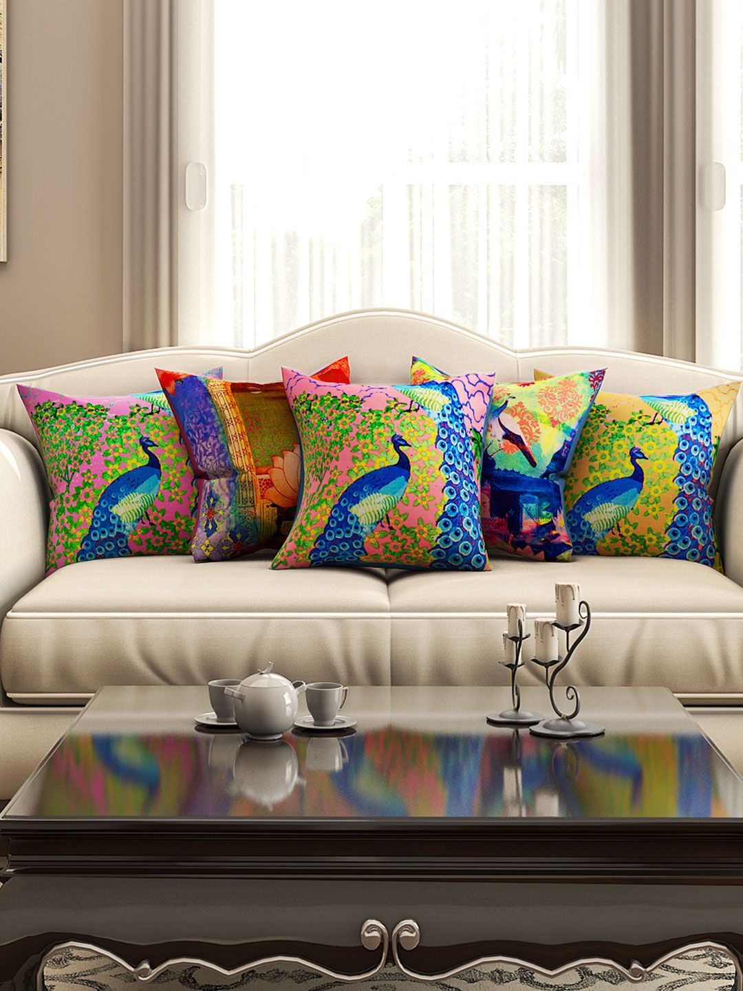 SEJ by Nisha Gupta Multicoloured Set of 5 16'' x 16'' Square Cushion Covers Price in India