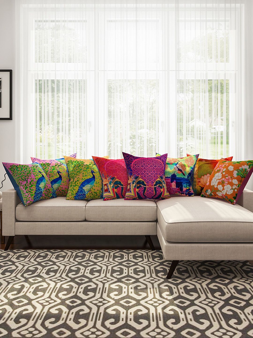 SEJ by Nisha Gupta Multicoloured 16" x 16" Set of 8 Square Cushion Covers Price in India