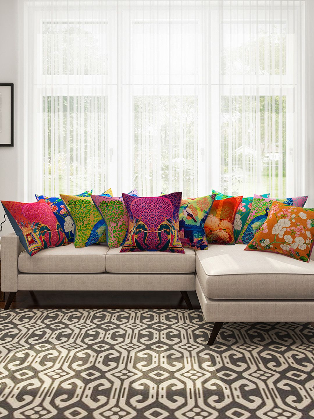 SEJ by Nisha Gupta Multicoloured 16" x 16" Set of 10 Square Cushion Covers Price in India