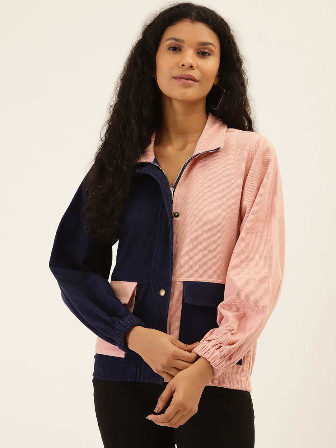 The Dry State Women Navy Blue & Pink Colourblocked Open Front Corduroy Jacket