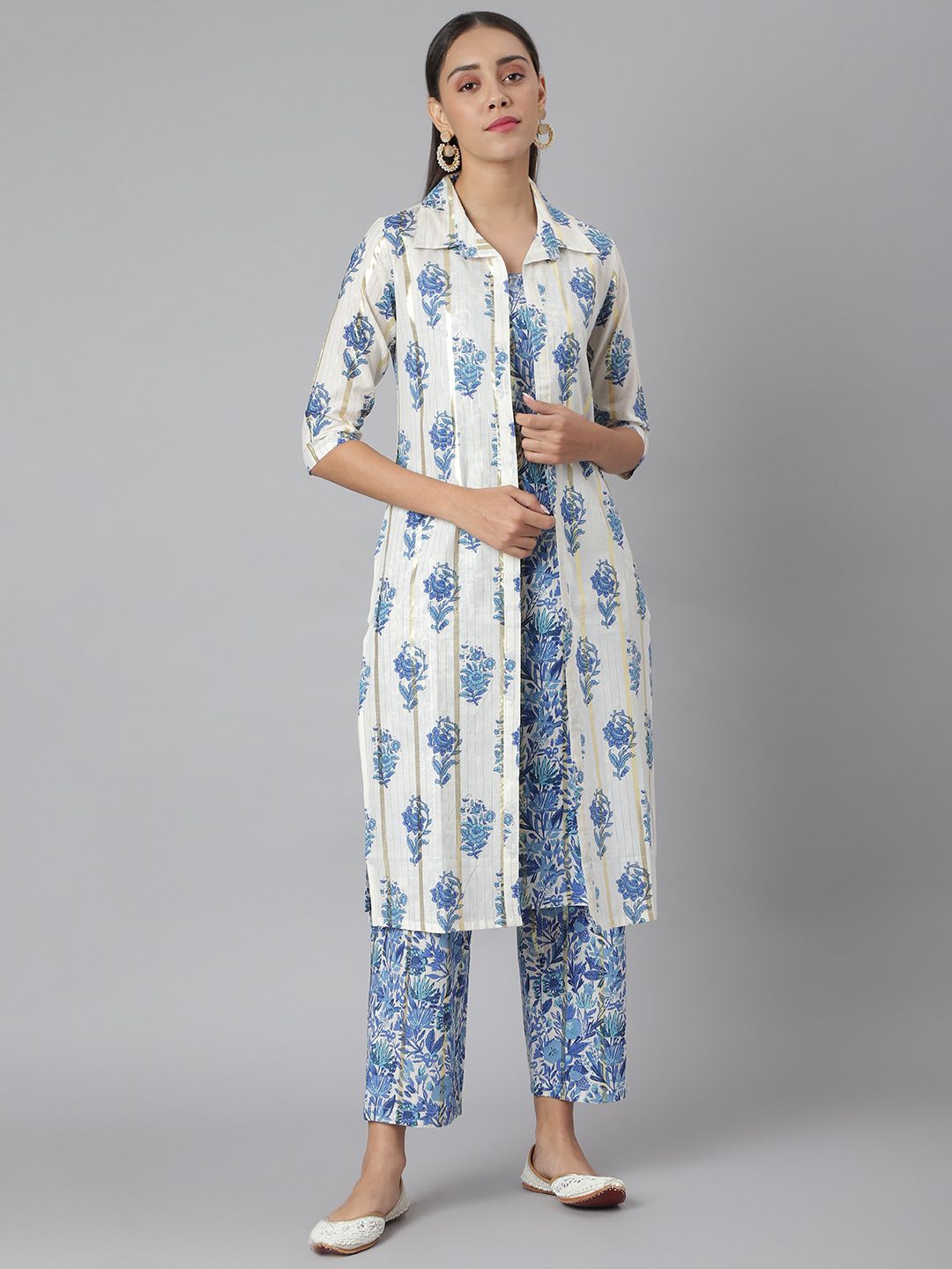 Khushal K Women Blue & White Printed Kurta with Palazzos & Jacket Price in India