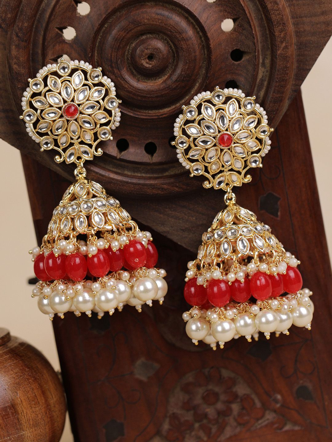 Priyaasi Red & White Gold-Plated Handcrafted Kundan-Studded & Beaded Dome Shaped Jhumkas Price in India