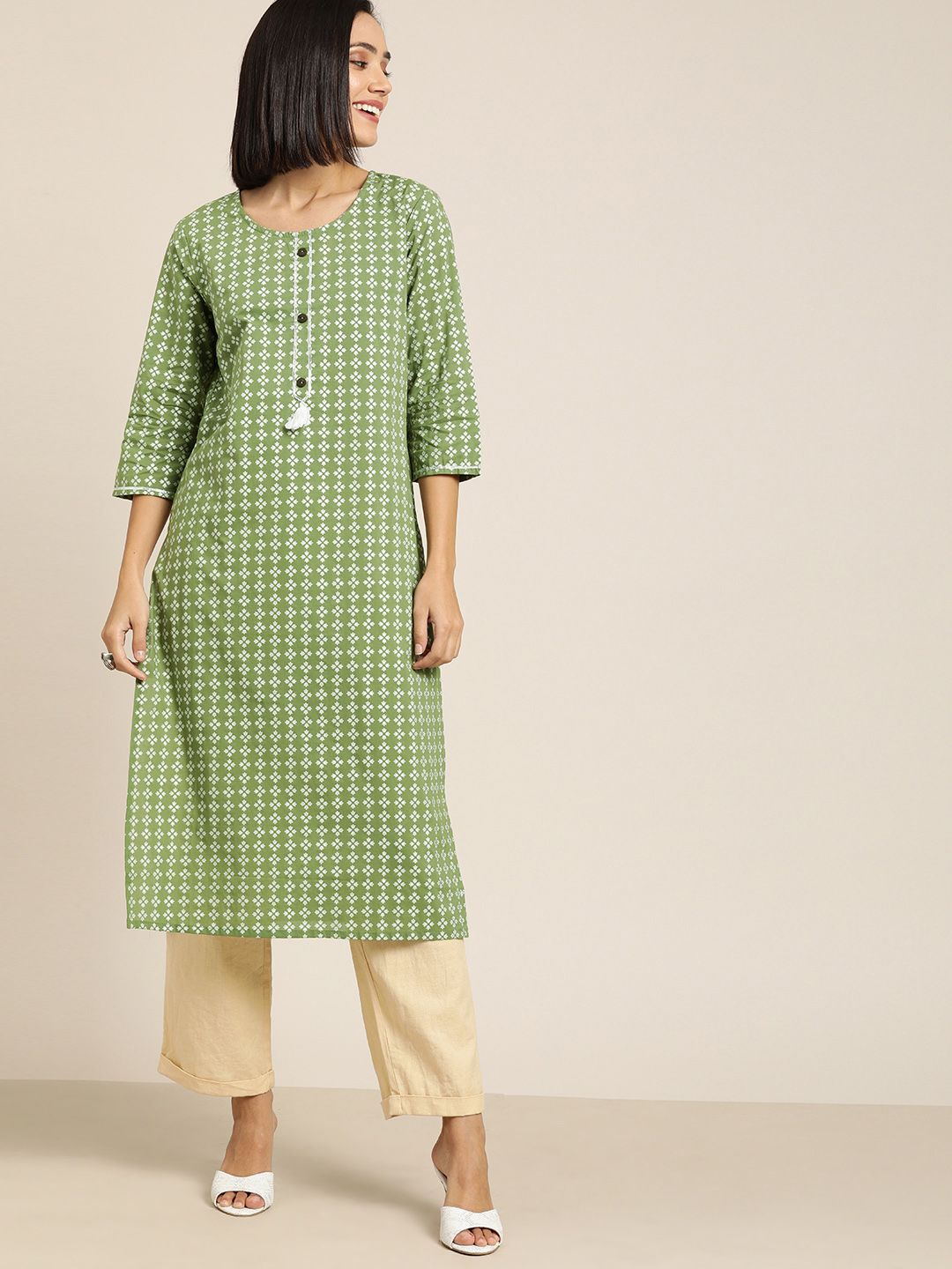 Moda Rapido Women Green & White Ethnic Printed Straight Kurta